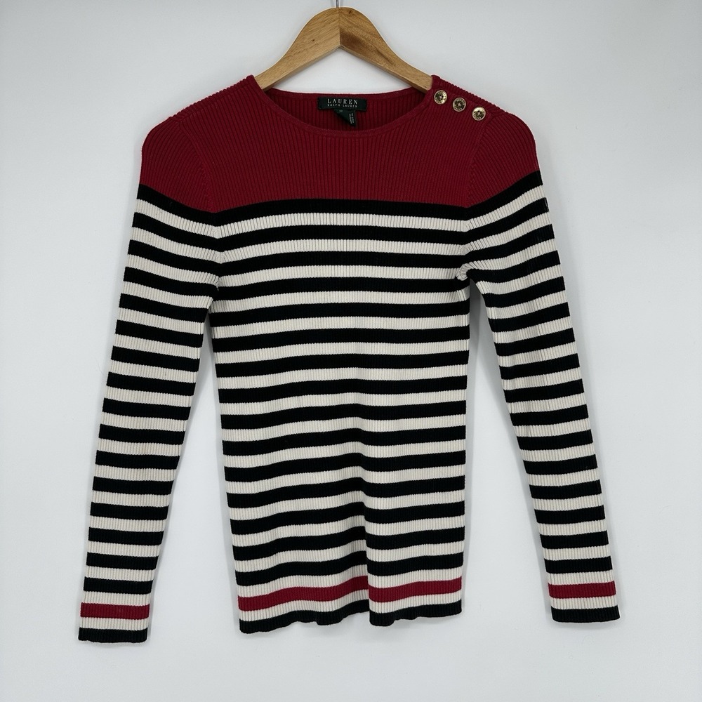 Lauren Ralph Lauren ribbed knit striped sweater gold button medium women's